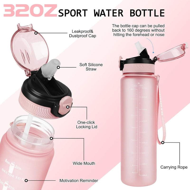 Laad afbeelding in Galerijviewer, AOHAN 32 oz Water Bottles with Time Marker BPA Free Sport Drinking Bottle with Straw, Dishwasher Safe Lock Cover Leakproof Motivational Water Bottle Non-Toxic Canteen Bottle (Light Pink) - happygetfit.com
