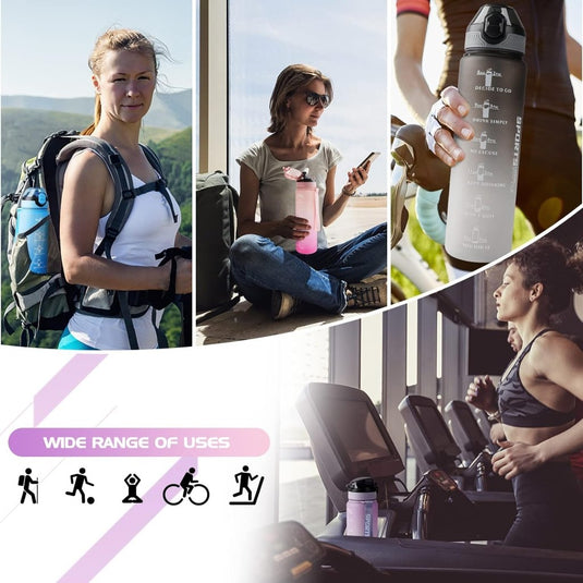 AOHAN 32 oz Water Bottles with Time Marker BPA Free Sport Drinking Bottle with Straw, Dishwasher Safe Lock Cover Leakproof Motivational Water Bottle Non-Toxic Canteen Bottle (Purple Pink) - happygetfit.com