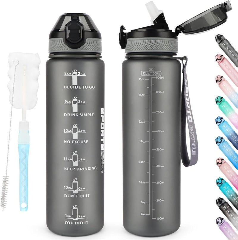 Laad afbeelding in Galerijviewer, AOHAN 32 oz Water Bottles with Time Marker BPA Free Sport Drinking Bottle with Straw, Dishwasher Safe Lock Cover Leakproof Motivational Water Bottle Non-Toxic Canteen Bottle (Matte Grey) - happygetfit.com
