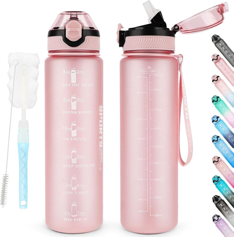 Laad afbeelding in Galerijviewer, AOHAN 32 oz Water Bottles with Time Marker BPA Free Sport Drinking Bottle with Straw, Dishwasher Safe Lock Cover Leakproof Motivational Water Bottle Non-Toxic Canteen Bottle (Light Pink) - happygetfit.com
