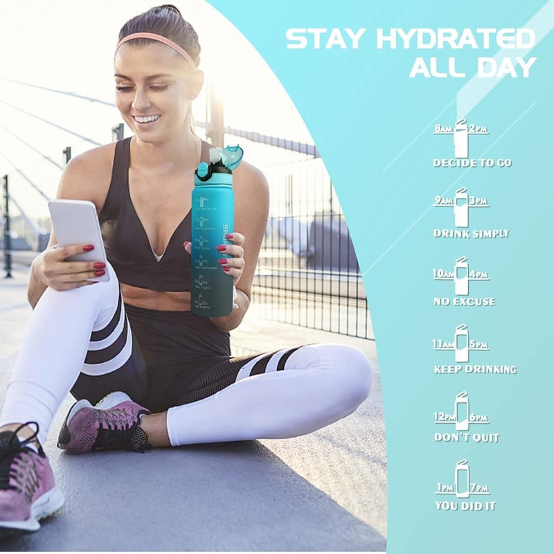 Load image into Gallery viewer, AOHAN 32 oz Water Bottles with Time Marker BPA Free Sport Drinking Bottle with Straw, Dishwasher Safe Lock Cover Leakproof Motivational Water Bottle Non-Toxic Canteen Bottle (Green Black) - happygetfit.com
