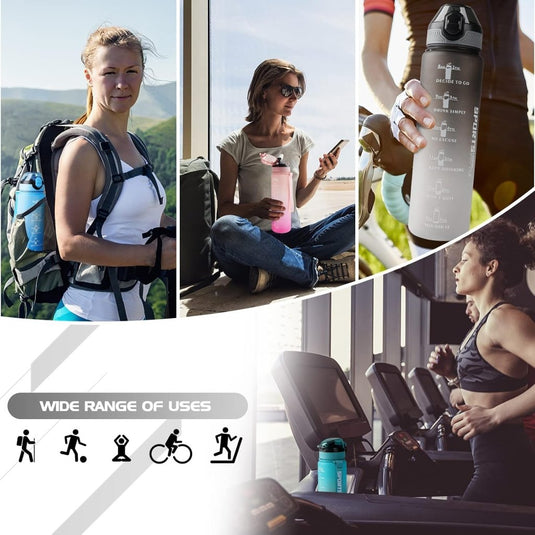 AOHAN 32 oz Water Bottles with Time Marker BPA Free Sport Drinking Bottle with Straw, Dishwasher Safe Lock Cover Leakproof Motivational Water Bottle Non-Toxic Canteen Bottle (Black Grey) - happygetfit.com