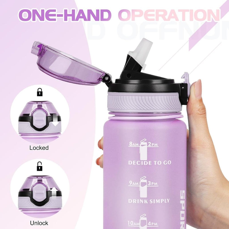 Load image into Gallery viewer, AOHAN 32 oz Water Bottles with Time Marker BPA Free Sport Drinking Bottle with Straw, Dishwasher Safe Lock Cover Leakproof Motivational Water Bottle Non-Toxic Canteen Bottle (Purple Pink) - happygetfit.com
