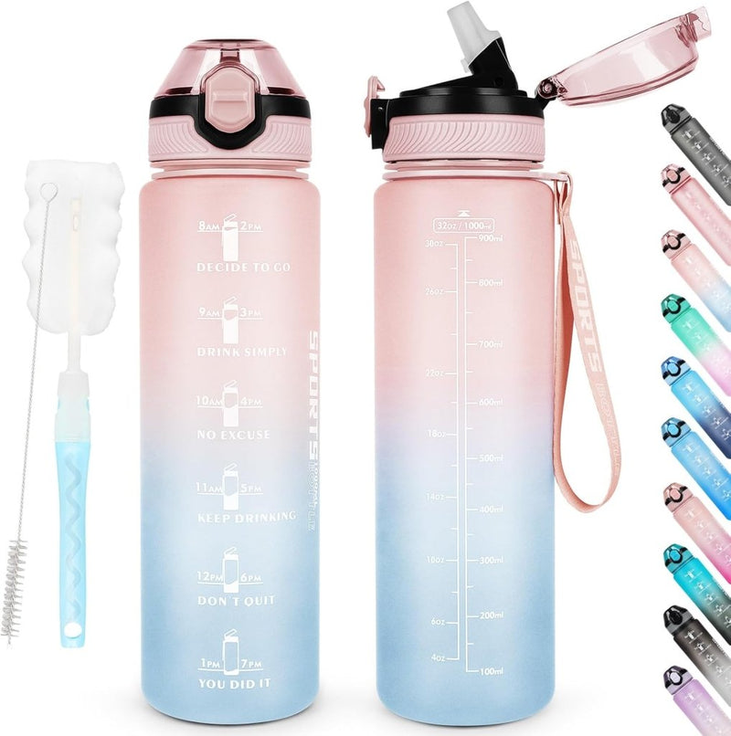 Load image into Gallery viewer, AOHAN 32 oz Water Bottles with Time Marker BPA Free Sport Drinking Bottle with Straw, Dishwasher Safe Lock Cover Leakproof Motivational Water Bottle Non-Toxic Canteen Bottle (Pink Blue) - happygetfit.com
