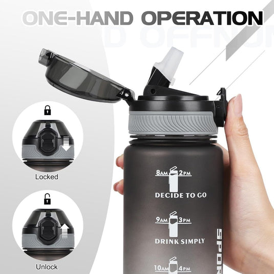 AOHAN 32 oz Water Bottles with Time Marker BPA Free Sport Drinking Bottle with Straw, Dishwasher Safe Lock Cover Leakproof Motivational Water Bottle Non-Toxic Canteen Bottle (Black Grey) - happygetfit.com