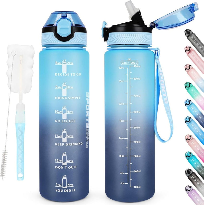 Load image into Gallery viewer, AOHAN 32 oz Water Bottles with Time Marker BPA Free Sport Drinking Bottle with Straw, Dishwasher Safe Lock Cover Leakproof Motivational Water Bottle Non-Toxic Canteen Bottle (Haze Blue) - happygetfit.com

