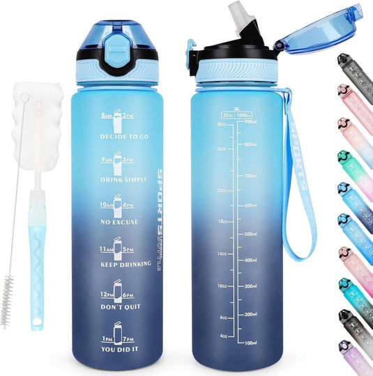 AOHAN 32 oz Water Bottles with Time Marker BPA Free Sport Drinking Bottle with Straw, Dishwasher Safe Lock Cover Leakproof Motivational Water Bottle Non-Toxic Canteen Bottle (Haze Blue) - happygetfit.com
