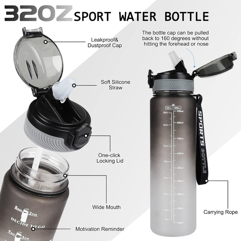 Laad afbeelding in Galerijviewer, AOHAN 32 oz Water Bottles with Time Marker BPA Free Sport Drinking Bottle with Straw, Dishwasher Safe Lock Cover Leakproof Motivational Water Bottle Non-Toxic Canteen Bottle (Black Grey) - happygetfit.com
