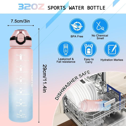 AOHAN 32 oz Water Bottles with Time Marker BPA Free Sport Drinking Bottle with Straw, Dishwasher Safe Lock Cover Leakproof Motivational Water Bottle Non-Toxic Canteen Bottle (Pink Blue) - happygetfit.com
