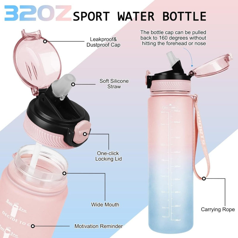Load image into Gallery viewer, AOHAN 32 oz Water Bottles with Time Marker BPA Free Sport Drinking Bottle with Straw, Dishwasher Safe Lock Cover Leakproof Motivational Water Bottle Non-Toxic Canteen Bottle (Pink Blue) - happygetfit.com
