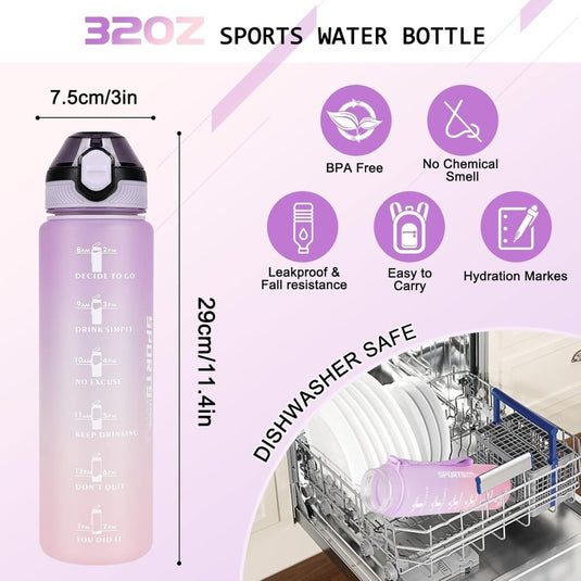 AOHAN 32 oz Water Bottles with Time Marker BPA Free Sport Drinking Bottle with Straw, Dishwasher Safe Lock Cover Leakproof Motivational Water Bottle Non-Toxic Canteen Bottle (Purple Pink) - happygetfit.com