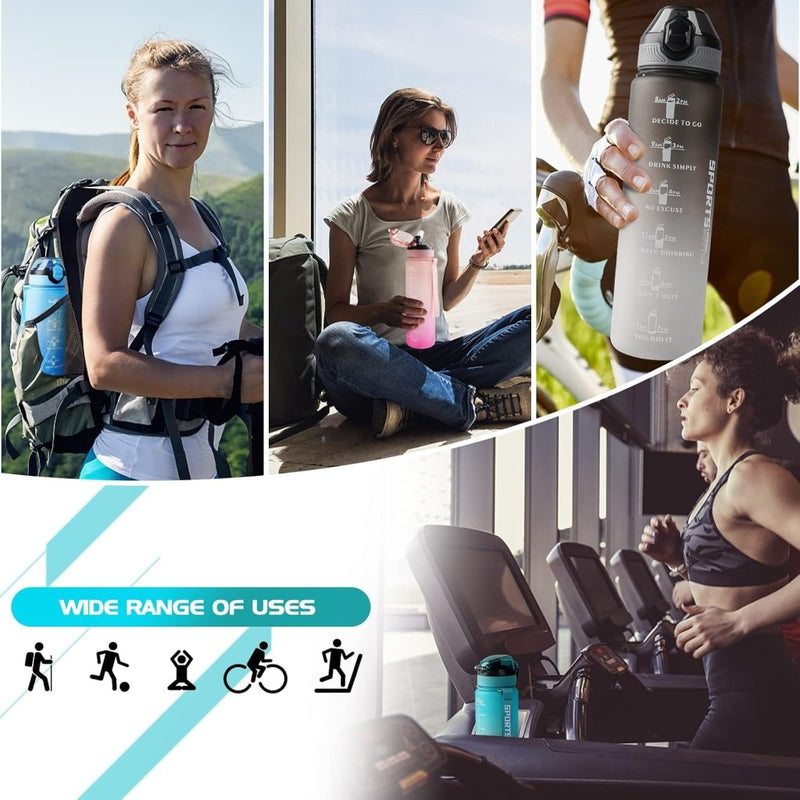 Load image into Gallery viewer, AOHAN 32 oz Water Bottles with Time Marker BPA Free Sport Drinking Bottle with Straw, Dishwasher Safe Lock Cover Leakproof Motivational Water Bottle Non-Toxic Canteen Bottle (Green Black) - happygetfit.com
