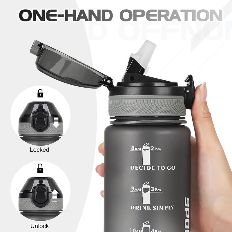 Laad afbeelding in Galerijviewer, AOHAN 32 oz Water Bottles with Time Marker BPA Free Sport Drinking Bottle with Straw, Dishwasher Safe Lock Cover Leakproof Motivational Water Bottle Non-Toxic Canteen Bottle (Matte Grey) - happygetfit.com
