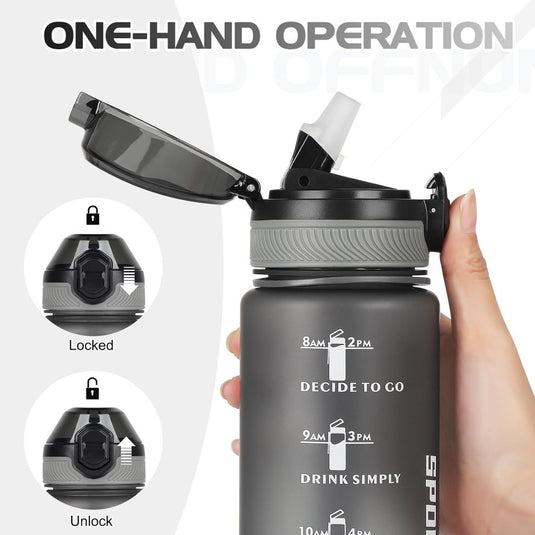 AOHAN 32 oz Water Bottles with Time Marker BPA Free Sport Drinking Bottle with Straw, Dishwasher Safe Lock Cover Leakproof Motivational Water Bottle Non-Toxic Canteen Bottle (Matte Grey) - happygetfit.com