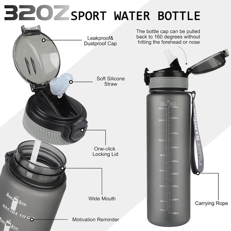 Laad afbeelding in Galerijviewer, AOHAN 32 oz Water Bottles with Time Marker BPA Free Sport Drinking Bottle with Straw, Dishwasher Safe Lock Cover Leakproof Motivational Water Bottle Non-Toxic Canteen Bottle (Matte Grey) - happygetfit.com

