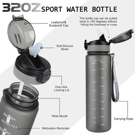 AOHAN 32 oz Water Bottles with Time Marker BPA Free Sport Drinking Bottle with Straw, Dishwasher Safe Lock Cover Leakproof Motivational Water Bottle Non-Toxic Canteen Bottle (Matte Grey) - happygetfit.com