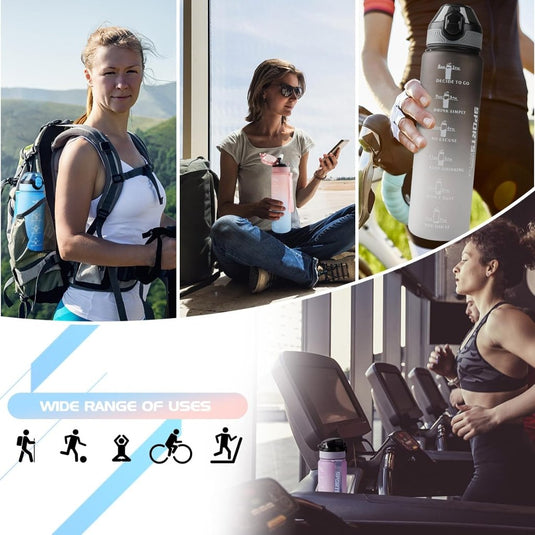 AOHAN 32 oz Water Bottles with Time Marker BPA Free Sport Drinking Bottle with Straw, Dishwasher Safe Lock Cover Leakproof Motivational Water Bottle Non-Toxic Canteen Bottle (Pink Blue) - happygetfit.com