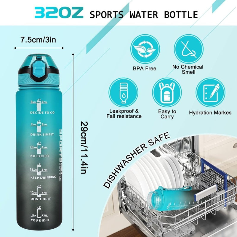 Load image into Gallery viewer, AOHAN 32 oz Water Bottles with Time Marker BPA Free Sport Drinking Bottle with Straw, Dishwasher Safe Lock Cover Leakproof Motivational Water Bottle Non-Toxic Canteen Bottle (Green Black) - happygetfit.com
