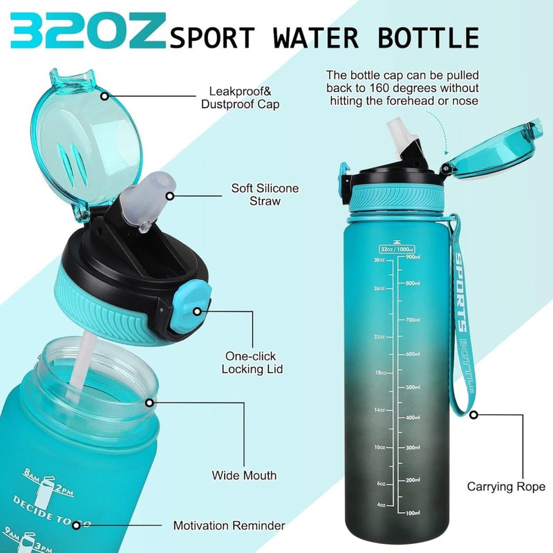 Load image into Gallery viewer, AOHAN 32 oz Water Bottles with Time Marker BPA Free Sport Drinking Bottle with Straw, Dishwasher Safe Lock Cover Leakproof Motivational Water Bottle Non-Toxic Canteen Bottle (Green Black) - happygetfit.com
