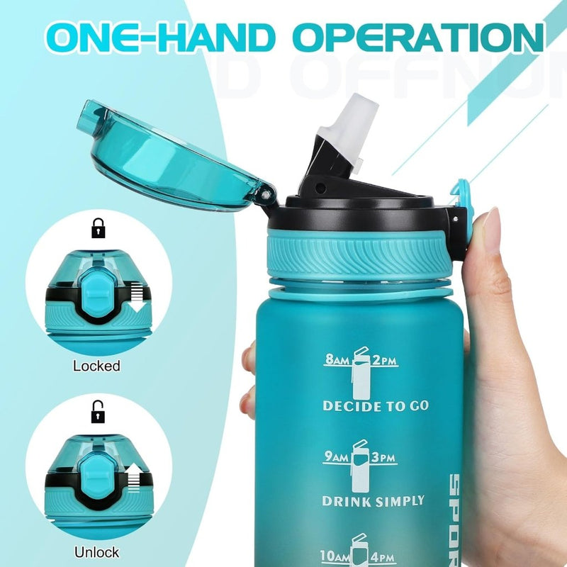 Load image into Gallery viewer, AOHAN 32 oz Water Bottles with Time Marker BPA Free Sport Drinking Bottle with Straw, Dishwasher Safe Lock Cover Leakproof Motivational Water Bottle Non-Toxic Canteen Bottle (Green Black) - happygetfit.com
