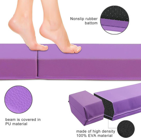 Voeten balanceren sierlijk op de Artistieke gymnastiekbalk voor thuis, met een antislip rubberen basis en PU-leer hoes. Hoog-density EVA materiaal en oefenoppervlak worden getoond in close-up inzetstukken, wat de uitzonderlijke eigenschappen benadrukt. Verkrijgbaar in lengtes van 240/270/300 cm voor training en professioneel gebruik door kinderen.