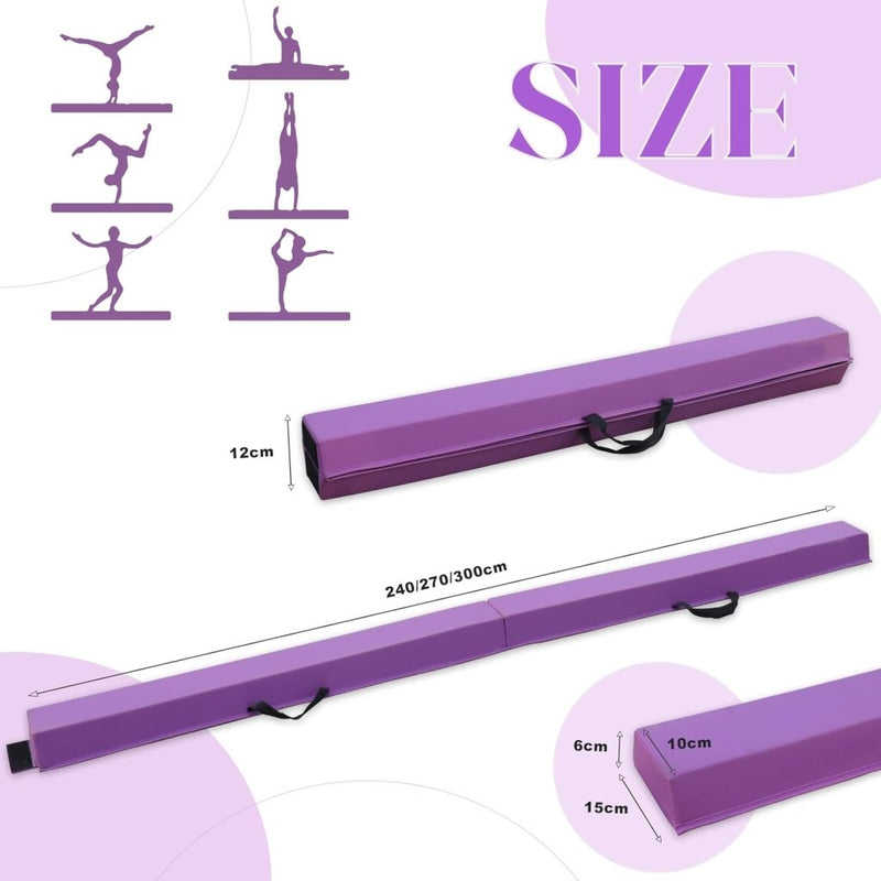 Laad afbeelding in Galerijviewer, De Artistieke gymnastiekbalk voor thuis is een paarse draagbare balk van PU-leer, met een antislip rubberen basis. Hij is 12 cm hoog en 6 cm breed aan de bovenkant, met lengtes van 240/270/300 cm. Perfect oefenoppervlak voor alle niveaus. Silhouet poses hierboven weergegeven.

