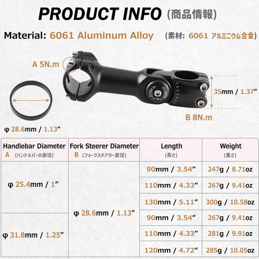 Azarxis 25.4mm 31.8mm Stem 70mm 80mm 90mm 110mm 120mm 130mm 17 35 45 60 Degree Adjustable Bike Stem Mountain Bike Stem Short Handlebar Stem for Bicycle, Road Bike, MTB, BMX, Cycling - happygetfit.com