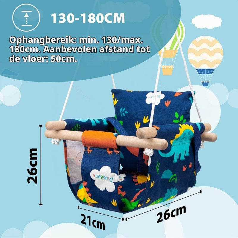Load image into Gallery viewer, Babyschommel met veiligheidsgordel en verstelbare touwen – houten kinderschommel – dinosaurus - happygetfit.com
