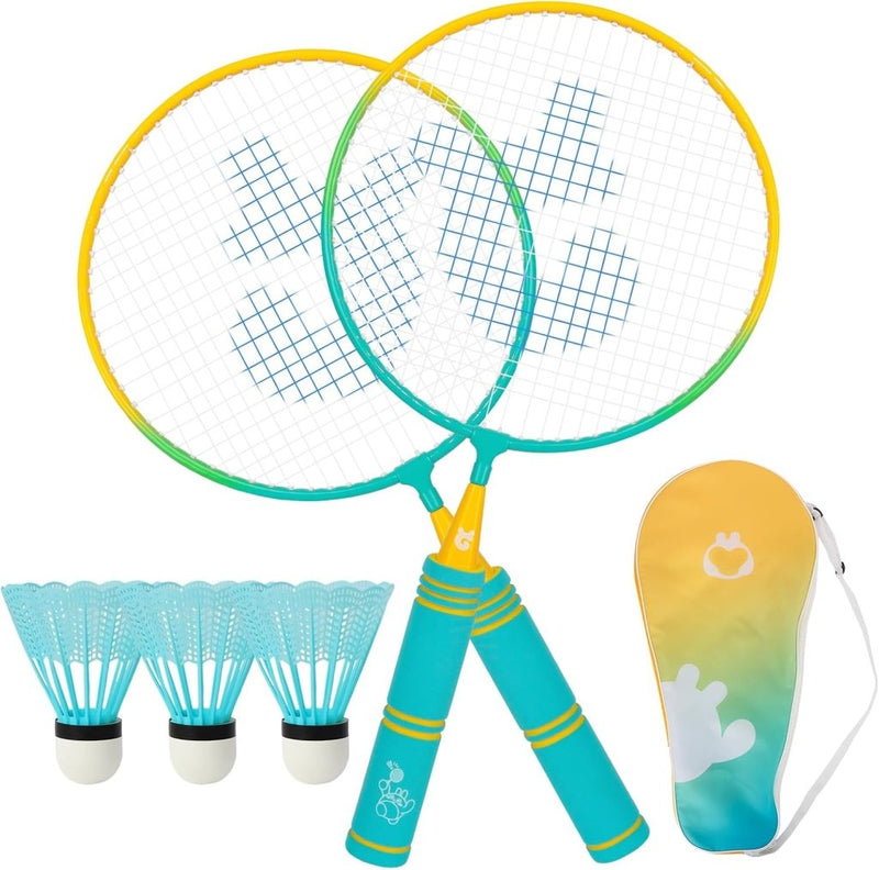 Laad afbeelding in Galerijviewer, Badmintonset kinderen met 2 rackets van 44 cm inclusief 3 shuttles en draagtas – junior badminton – buitensport - happygetfit.com
