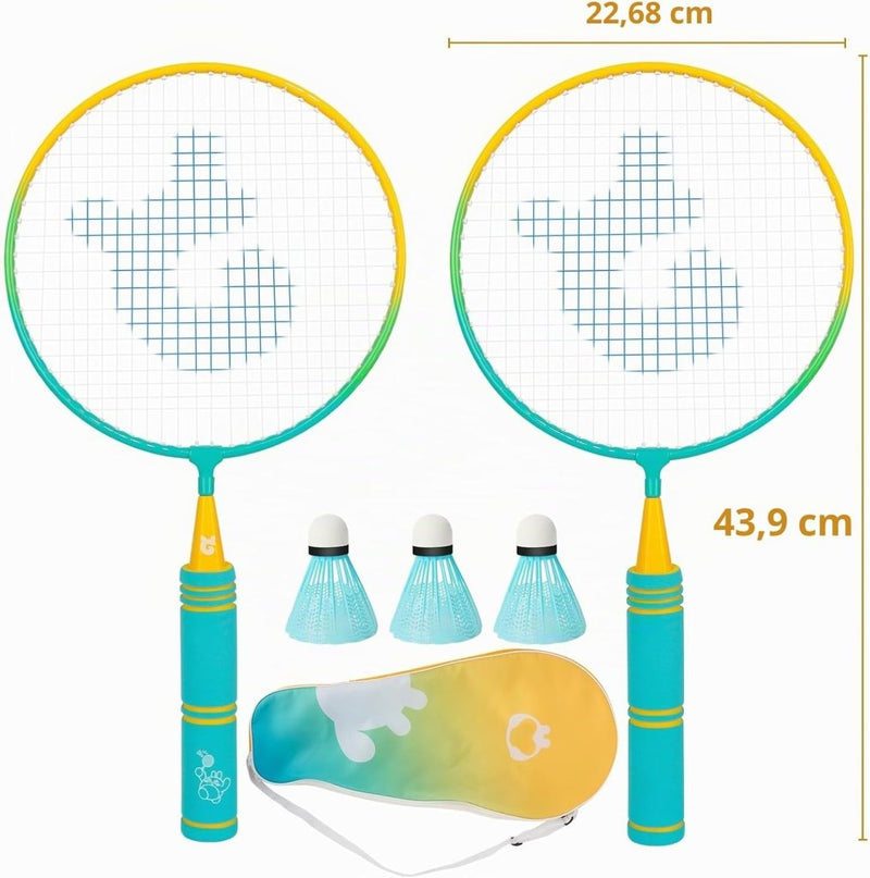 Laad afbeelding in Galerijviewer, Badmintonset kinderen met 2 rackets van 44 cm inclusief 3 shuttles en draagtas – junior badminton – buitensport - happygetfit.com
