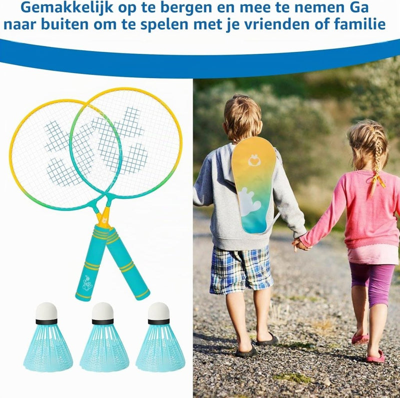 Laad afbeelding in Galerijviewer, Badmintonset kinderen met 2 rackets van 44 cm inclusief 3 shuttles en draagtas – junior badminton – buitensport - happygetfit.com
