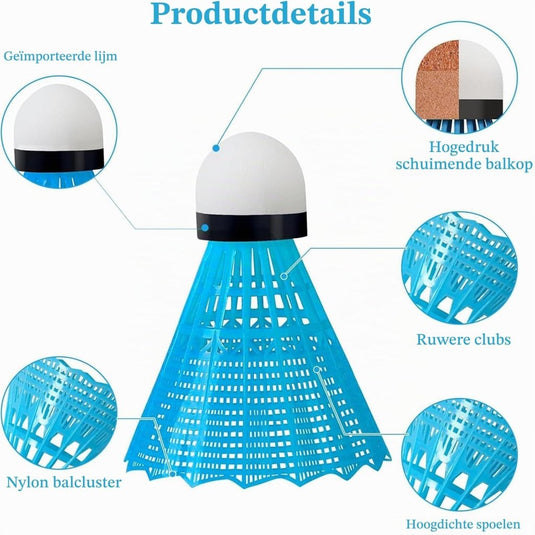 Badmintonshuttles 12 stuks van duurzaam nylon met schuimkop in 4 kleuren – badmintonveren – shuttleballen - happygetfit.com