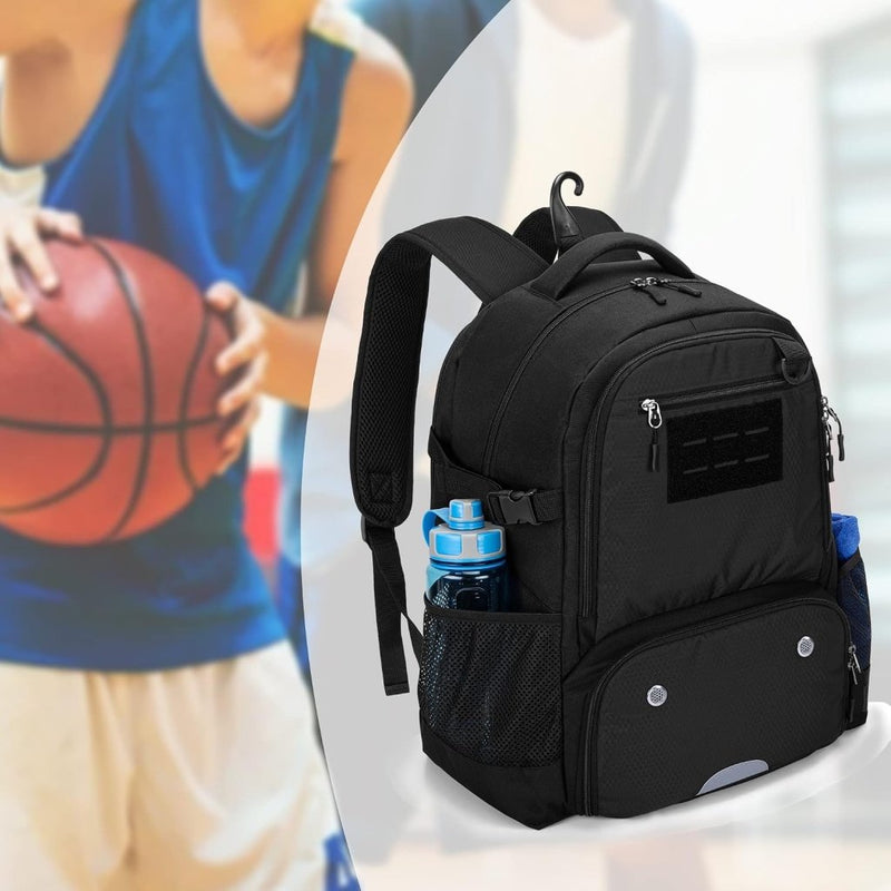 Chargez l'image dans la visionneuse de la galerie, Basketbalrugzak zwart met bal-, schoenenvak en laptopvak - happygetfit.com
