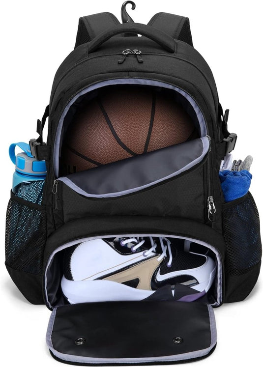 Basketbalrugzak zwart met bal-, schoenenvak en laptopvak - happygetfit.com