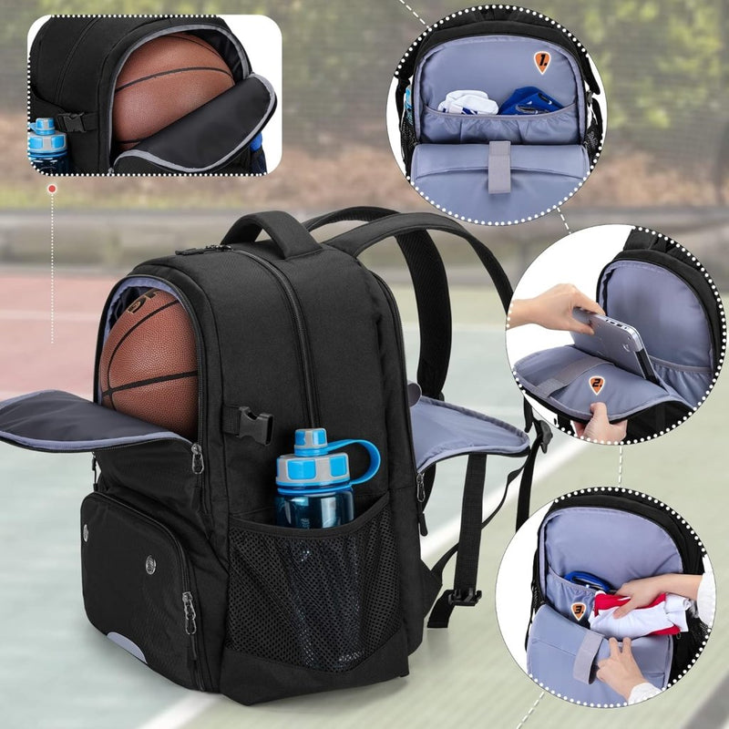 Chargez l'image dans la visionneuse de la galerie, Basketbalrugzak zwart met bal-, schoenenvak en laptopvak - happygetfit.com
