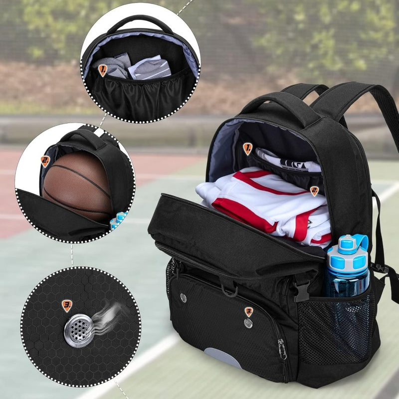 Chargez l'image dans la visionneuse de la galerie, Basketbalrugzak zwart met bal-, schoenenvak en laptopvak - happygetfit.com
