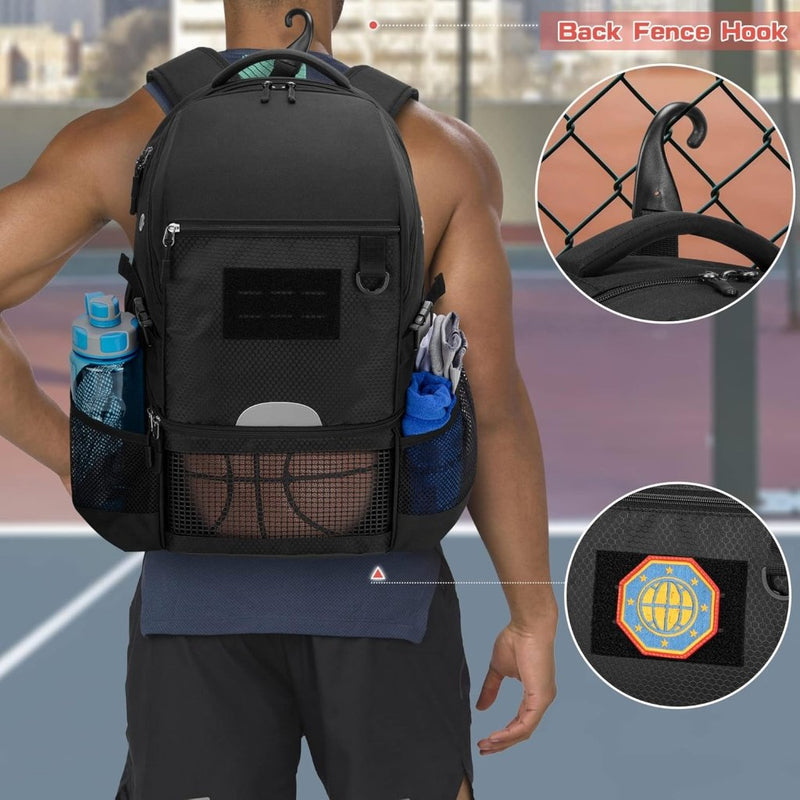 Chargez l'image dans la visionneuse de la galerie, Basketbalrugzak zwart met bal-, schoenenvak en laptopvak - happygetfit.com
