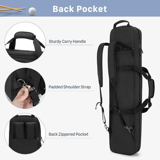 Biljartkeu tas voor 4 onderstukken en 5 schachten – gevoerd met vakken en schouderriem - happygetfit.com