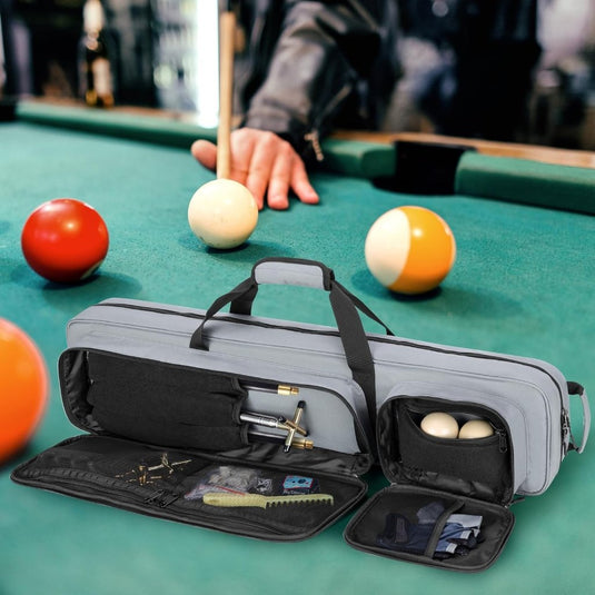 Biljartkeu tas voor 4 onderstukken en 5 schachten – gevoerd met vakken en schouderriem - happygetfit.com