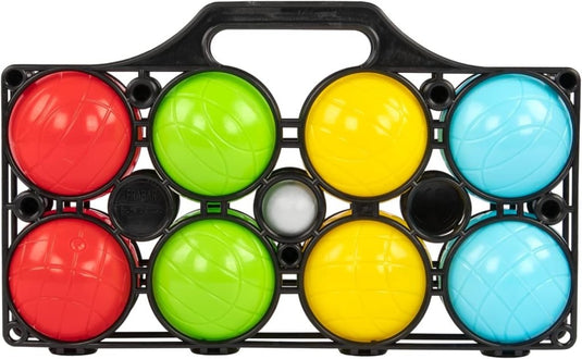 Boccia spel 9-delig met 8 kunststof ballen van 7 cm inclusief doelbal en draagmand – werpspel – tuinactiviteiten - happygetfit.com