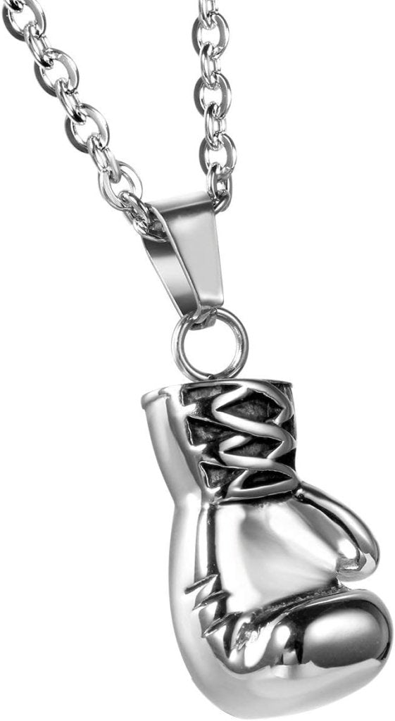 Załaduj obraz do przeglądarki galerii, Bokshandschoen ketting van roestvrij staal met hanger en karabijnsluiting – bokssieraden – sportketting - happygetfit.com

