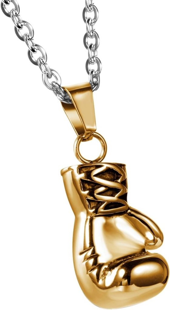 Załaduj obraz do przeglądarki galerii, Bokshandschoen ketting van roestvrij staal met hanger en karabijnsluiting – bokssieraden – sportketting - happygetfit.com
