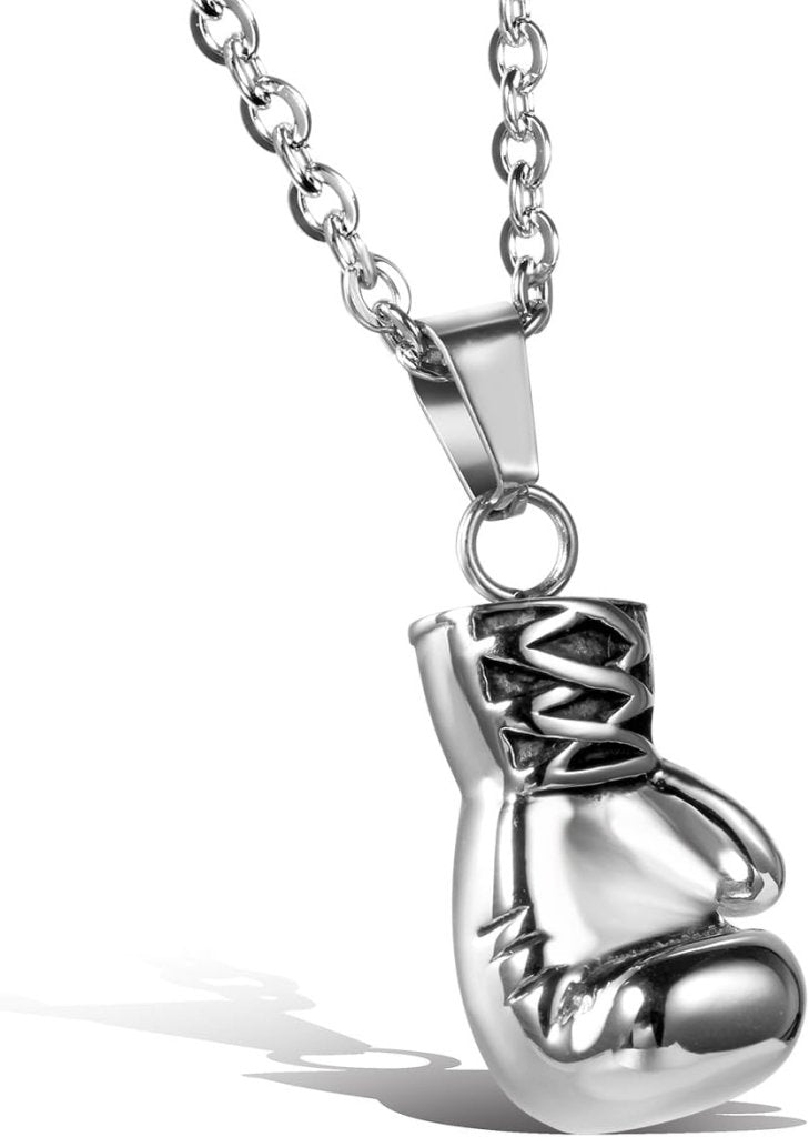 Załaduj obraz do przeglądarki galerii, Bokshandschoen ketting van roestvrij staal met hanger en karabijnsluiting – bokssieraden – sportketting - happygetfit.com
