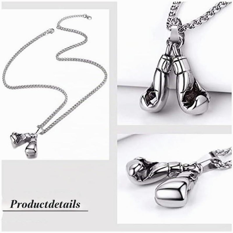 Załaduj obraz do przeglądarki galerii, Bokshandschoen ketting van roestvrij staal met hanger en karabijnsluiting – bokssieraden – sportketting - happygetfit.com
