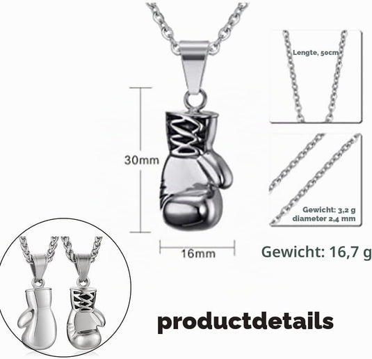 Bokshandschoen ketting van roestvrij staal met hanger en karabijnsluiting – bokssieraden – sportketting - happygetfit.com