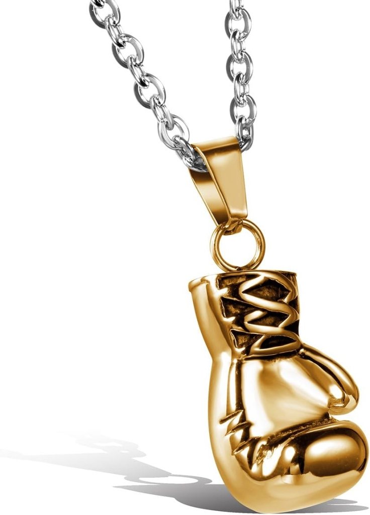 Załaduj obraz do przeglądarki galerii, Bokshandschoen ketting van roestvrij staal met hanger en karabijnsluiting – bokssieraden – sportketting - happygetfit.com
