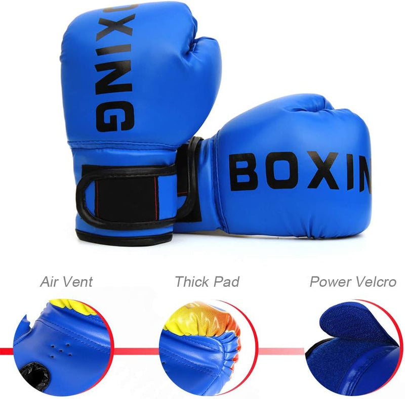 Load image into Gallery viewer, Onze hoogwaardige boxhandschoenen voor kinderen zijn blauw en voorzien van het woord &quot;BOXING&quot;, gemaakt van hoge kwaliteit materialen, met luchtventilatie, dikke vulling en sterke klittenbandsluitingen voor maximale prestaties en veiligheid.
