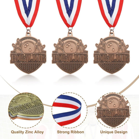 Bowling medailles 3 stuks goud zilver brons met neklinten – sportmedailles – prijzen en trofeeën - happygetfit.com