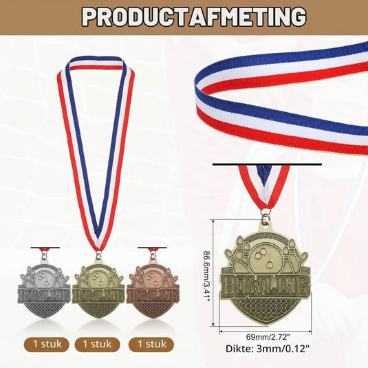 Bowling medailles 3 stuks goud zilver brons met neklinten – sportmedailles – prijzen en trofeeën - happygetfit.com