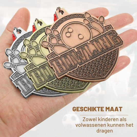 Bowling medailles 3 stuks goud zilver brons met neklinten – sportmedailles – prijzen en trofeeën - happygetfit.com